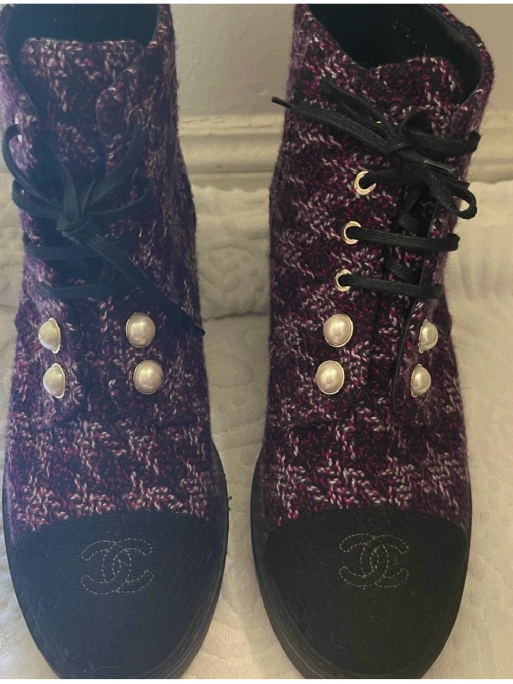 CHANEL Burgundy Purple Knit Lace-Up Ankle Boots with Pearl Buttons size 40 8.5